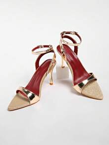 Sandalias de tacón de aguja con hebilla de rhinestone, estilo europeo y americano, de punta abierta para mujeres - Dorado - Ver 5