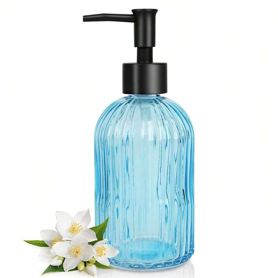 Topsky Stripe Glass Soap Dispenser With Black Plastic Pump, 400ml Liquid Hand Soap Dispenser, Rustproof Pump For Kitchen & Bathroom, Great For Lotions, Essential Oil, Liquid Soaps- (Light Blue) - LightBlue - 查看 1