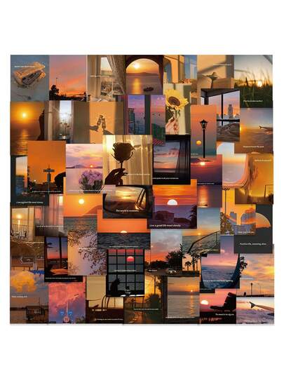 50pcs Sunset Landscape Stickers, Cartoon Cute Style Waterproof Vinyl Stickers, Suitable For Laptop, Phone, Skateboard, Guitar, Luggage, Scrapbook, Helmet, Party Decorations And Gifts