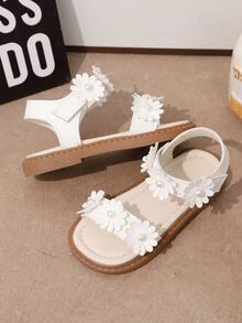 1 Pair Summer Floral Print Flat Sandals, Elegant White Flower Design With Pearl Decor, Hook And Loop Closure For Easy Wear, Suitable For Girls, Beach & Holiday Wear - Beige - View 5