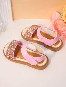一双女童粉金闪亮钻石露趾PU凉鞋，平底，舒适透气，甜美闪亮，适合夏季派对穿着 - 粉色 - 查看 5