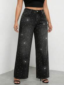 Jeans rectos de pierna larga y talla grande para mujer con detalles de strass, denim negro con botón, cremallera y bolsillos - Negro - Ver 4