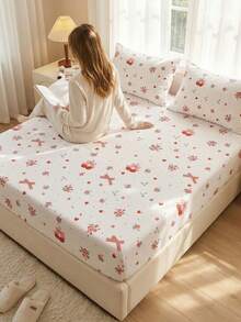 1pc Cartoon Pattern Bed Skirt, Mattress Protector, Valentine's Day Mattress Cover, Soft & Breathable, Lightweight, Red & White Heart, Butterfly & Floral Pattern Bed Skirt, Cute Princess Style Bed Skirt, Fits Twin, Full, Queen Beds, Deep Pocket Design Up To 9.8 Inches, Suitable For Home & Dorm Use, Home Textile, Home Decor - Multicolor - View 1