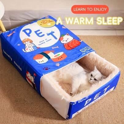 1pc Versatile Cute Cat Bed, Soft & Comfortable Semi-Enclosed Pet Bed With Removable & Pullout Cat Mat, Cookie Shaped