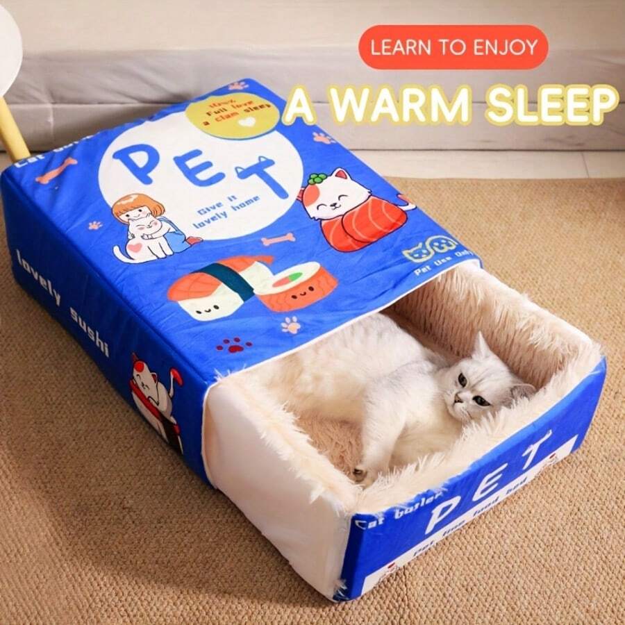 1pc Versatile Cute Cat Bed, Soft & Comfortable Semi-Enclosed Pet Bed With Removable & Pullout Cat Mat, Cookie Shaped