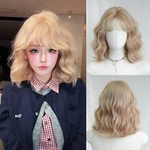 Tóc giả vàng óng ả dài 12 inch có mái cho nữ, kiểu tóc ngắn xoăn thời trang với chân tóc tối màu, tóc giả sợi tổng hợp chịu nhiệt trông tự nhiên cho bé gái dùng hàng ngày - Phụ kiện tóc giả phong cách đường phố dự tiệc mùa hoa anh đào - Quà tặng cho bé gái - Phụ kiện tóc giả - Vàng - Xem 13