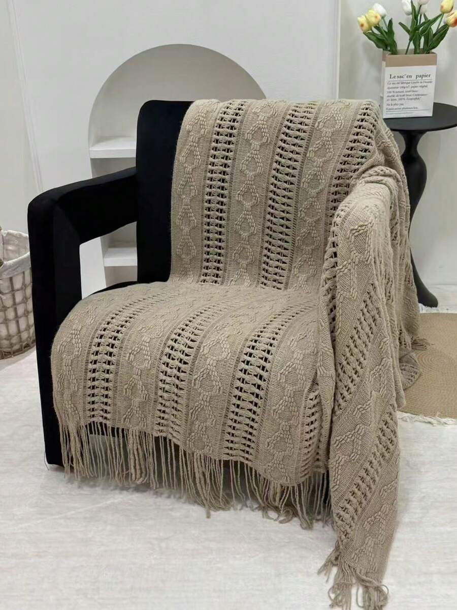 1 chiếc chăn sofa dệt caro hình chữ nhật, chăn viền tua rua bằng polyester thông thường, thích hợp cho giấc ngủ trưa tại văn phòng hoặc sử dụng hàng ngày - màu kaki của rừng tuyết tùng - Xem 1