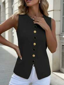 Retro Chic Stylish Elegant Metal Button Front-Opening Solid Color Sleeveless Round-Neck Top Vest Knitted Sweater - Deep Black - View 2