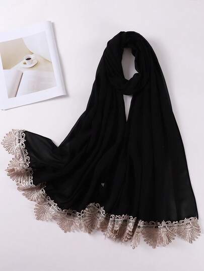 1件优雅时尚刺绣蕾丝雪纺穆斯林头巾，适合女性、阿巴雅长袍、婚礼、结婚及新娘配饰