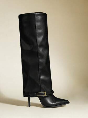 Bottes mi-mollet noires à la mode sexy pour l'automne/l'hiver avec boucle métallique, bout pointu et talon haut fin. Bottes casual pour femmes