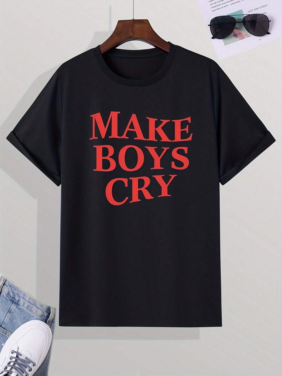 Men Casual Make Cry T-Shirt Round Neck Tee For Summer - 黑色 - 查看 1
