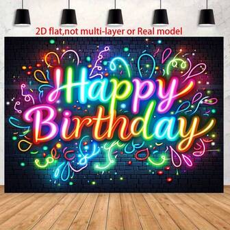 2D Plane Banner, 1 Bright Neon "Happy Birthday" Party Background Cloth-With Colorful Balloons And Star Patterns, Suitable For Home And Photo Booth Decoration, Portable Party Banner | Colorful Birthday Theme | HD Printing.