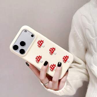 Minimalist Milky White PU Leather Red Embroidered Polka Dot Mushroom Full Coverage Phone Case, Suitable Compatible With Iphone/IPhone17pro/IPhone16/15promax/14/13, Protective Case With Fashionable Appearance, Suitable For Daily Use