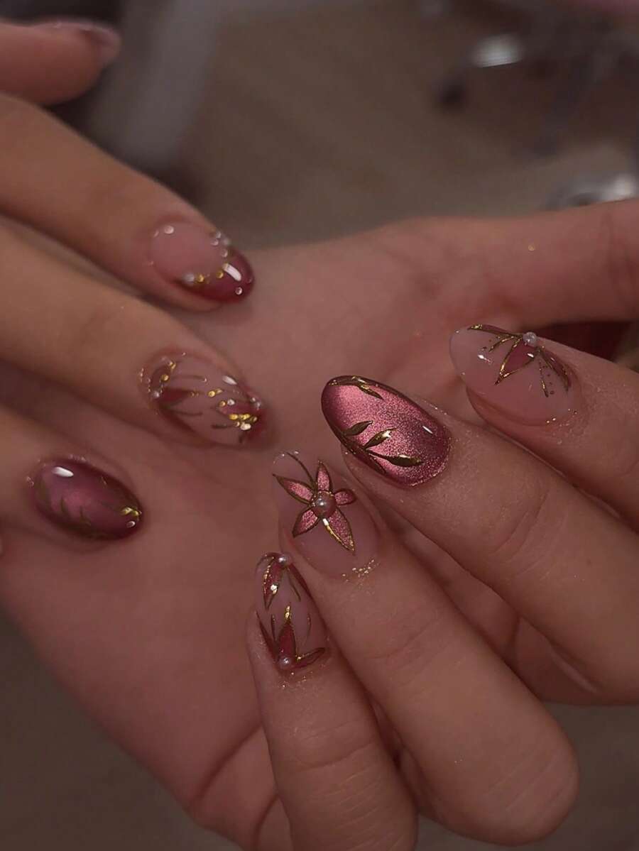30pcs Medium Oval 3D Cat Eye Metallic Trim Red-Brown Floral Vintage European Style False Nails Set, Includes 1 Nail File & 1 Nail Glue, Suitable For Women's Daily And Work Wear Nail Supplies - Multicolor - View 1