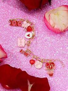 1pc Pink Enamel XOXO Heart Pendant Bracelet, Women's Romantic Heart-Shaped Bracelet Jewelry, Couple Gift, Wife Gift, Valentine's Day Accessory - Envelope Hot Air Balloon Candy - View 2