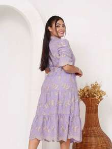 Women's Midi Dress With Embroidered Lace, All-Over Print, Embroidery, Button Detail, Ruffle Detail, Gathered Detail, Suitable For Formal And Evening Wear. - Lilac Bicolor 3d - View 2