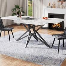Extendable Dining Table 120 (160) X 80 Cm, Extendable Kitchen Table, Breakfast Table, Star-Shaped Table Legs, Black Iron Legs, Walnut/Marble Imitation Tabletop - White - View 4