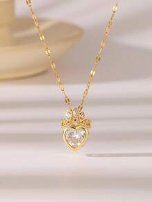 Collar con colgante de corona lujosa y corazón de rhinestone rosa, cadena de clavícula versátil y de moda para mujeres - Amor de la corona - Ver 7