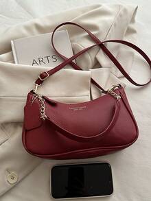 1pc Solid Color PU Leather Fashionable Underarm Bag. It Is A Simple And Stylish Large Capacity Shoulder Bag, Business Commuter Messenger Bag, And Small Handbag For Daily Office Use. Suitable For Girls, Female College Students, Beginners, And White-Collar Workers. Very Suitable For Office, University, Work, Business, Commuting, Outdoor Activities, Travel, And Going Out. (Cherry Pendant Included) - Red - View 7