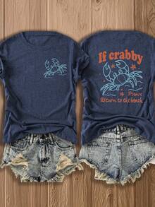 Double-Sided Printing, Ladies' T-Shirts, Ladies' -Blend T-Shirts, Independence Day, Gifts-Crabby Crab Print T-Shirt - Fun & Quirky Beach-Themed Design For Summer Outfits, Perfect For Vacation Wear And Coastal Lovers - 藏蓝色 - 查看 4