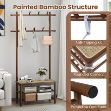 COSTWAY Bamboo Coat Rack, PE Rattan Hall Tree With Bench & Shoe Storage, 3-In-1 Entryway Bench With 2 Hanging Rods, 11 Hanging Hooks & Shelves, Brown - Brown - View 5