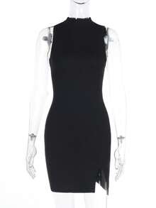 女士纯色基础款性感时尚吊带连衣裙 - 黑色 - 查看 2