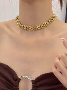 1 chiếc vòng cổ cho bé gái, kiểu dáng kim loại nổi bật, dây chuyền ngắn dày bằng thép không gỉ với khóa cài kiểu OT, phụ kiện thời trang hàng ngày. - Vàng - Xem 5