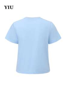 YIU Women's Elegant Round Neck Short Sleeve Knit T-Shirt, Decorated Front, New Spring/Summer Collection, Suitable For Daily Wear - Blue - View 7