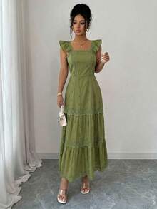 Elegant Women's Maxi Dress, Fitted At The Waist And Flared, With A Square Neckline, Puff Sleeves, And Delicate Embroidery. Made From A Medium-Stretch Fabric, Ideal For Summer. - Màu xanh Ô liu - Xem 3