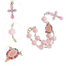 1pc Pink Crystal Rhinestone Cross Rosary Bracelet, Rearview Mirror Hanging Decor For Car, Women - A - View 5