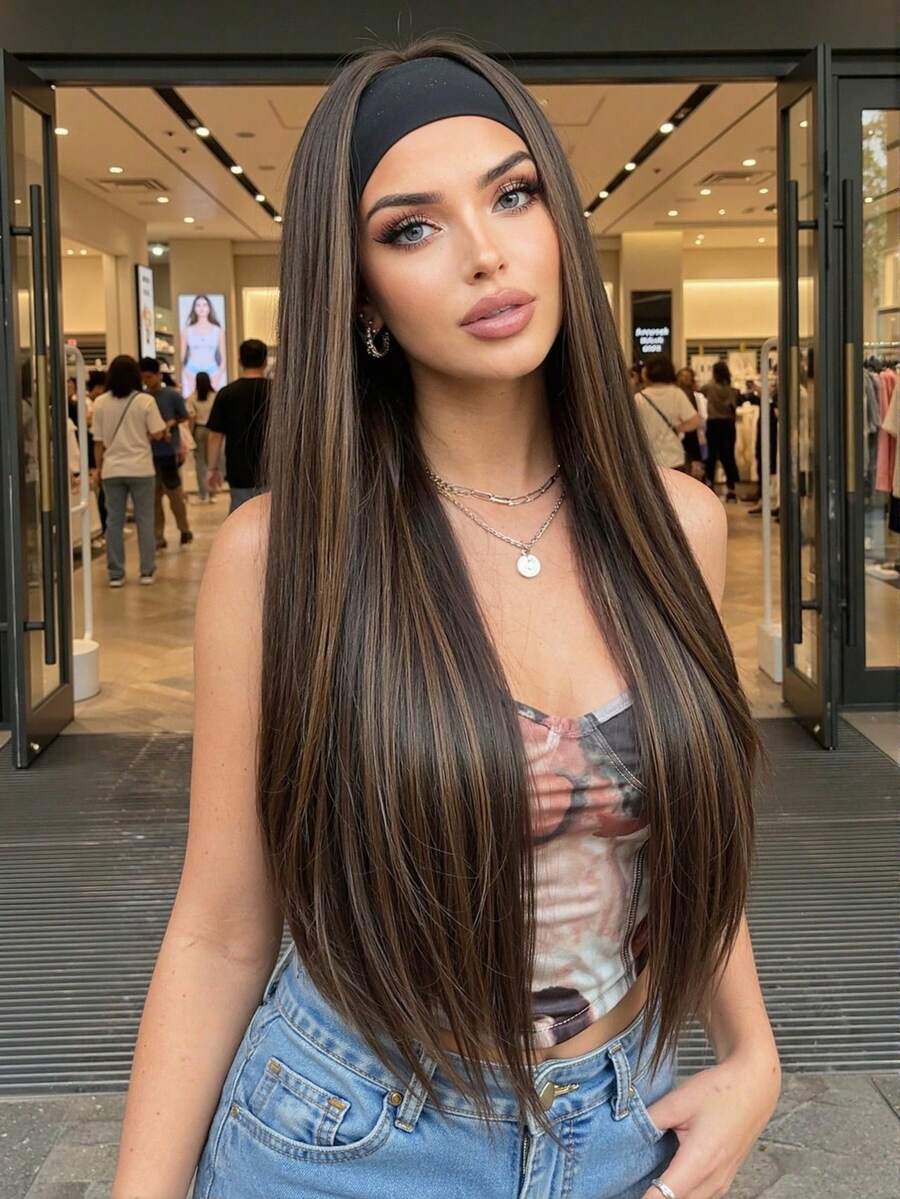 28-Inch Ombre Brown Straight Hair Headband Wig, Women's Natural Straight Hair Headband Wig With Black Headband, Natural Brown Wig, Suitable For Daily Wear - Brown Highlight - View 1