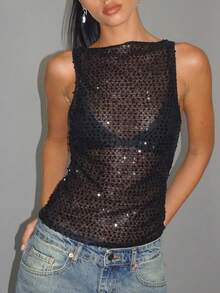 Women's Sequin Tank Tops Slim Fit Sheer Knitted See Through Tops Crew Neck Sparkly Camisole Vest Glitter Crop Tank Stylish Solid Color Casual Sleeveless Vest Y2K Teen Girl Going Out Mesh Party Shirt Streetwear Rave Outfits Suitable For Birthday/Dating/Daily Shopping/Concert/Brunch/Airport Outfit Valentine Clothes - màu đen - Xem 1