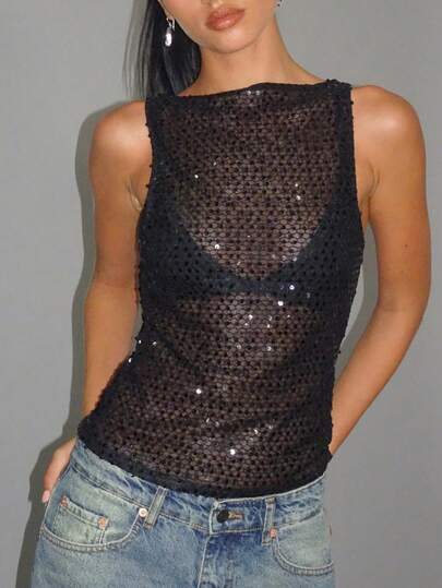 Women's Sequin Tank Tops Slim Fit Sheer Knitted See Through Tops Crew Neck Sparkly Camisole Vest Glitter Crop Tank Stylish Solid Color Casual Sleeveless Vest Y2K Teen Girl Going Out Mesh Party Shirt Streetwear Rave Outfits Suitable For Birthday/Dating/Daily Shopping/Concert/Brunch/Airport Outfit Valentine Clothes