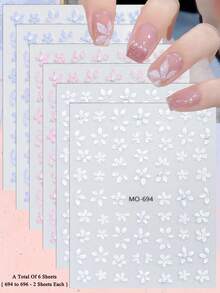 3/6片装 5D 仿珍珠花朵美甲贴纸，白色、粉色、蓝色浮雕花卉美甲贴花，适合 DIY 美甲美甲用品 - 彩色 - 查看 16