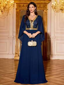 MIUSOL Deep V-Neck Floral Lace Contrast Sequin Ruffle Sleeve Pleated Hem Chiffon Formal Party Maxi Dress, Elegant Ladies Party Gown, Formal Evening Dress, Ball Gown, Suitable For Wedding Guest, Graduation Ceremony, Gala Dinner And Other Occasions - Navy Blue - View 4