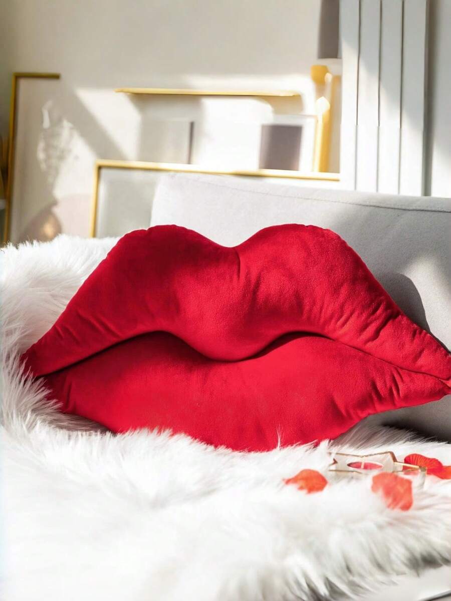Fashionable Red Lip Plush Throw Pillow - Soft & Cozy Sofa Decor Blanket, Perfect For Home Decor, Birthday, Valentine's Day & Anniversary - Adorable & Stylish Pink & Red Kiss Mark Design - Red - View 1