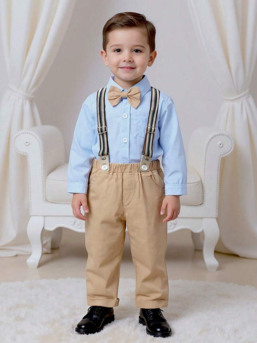 2pcs Young Boys Gentleman Outfit - Light Blue Long Sleeve Shirt With Bow Tie And Khaki Suspender Pants, Fashionable And Stylish For Weddings, Parties, Birthdays, Christenings - Baby Blue - View 1