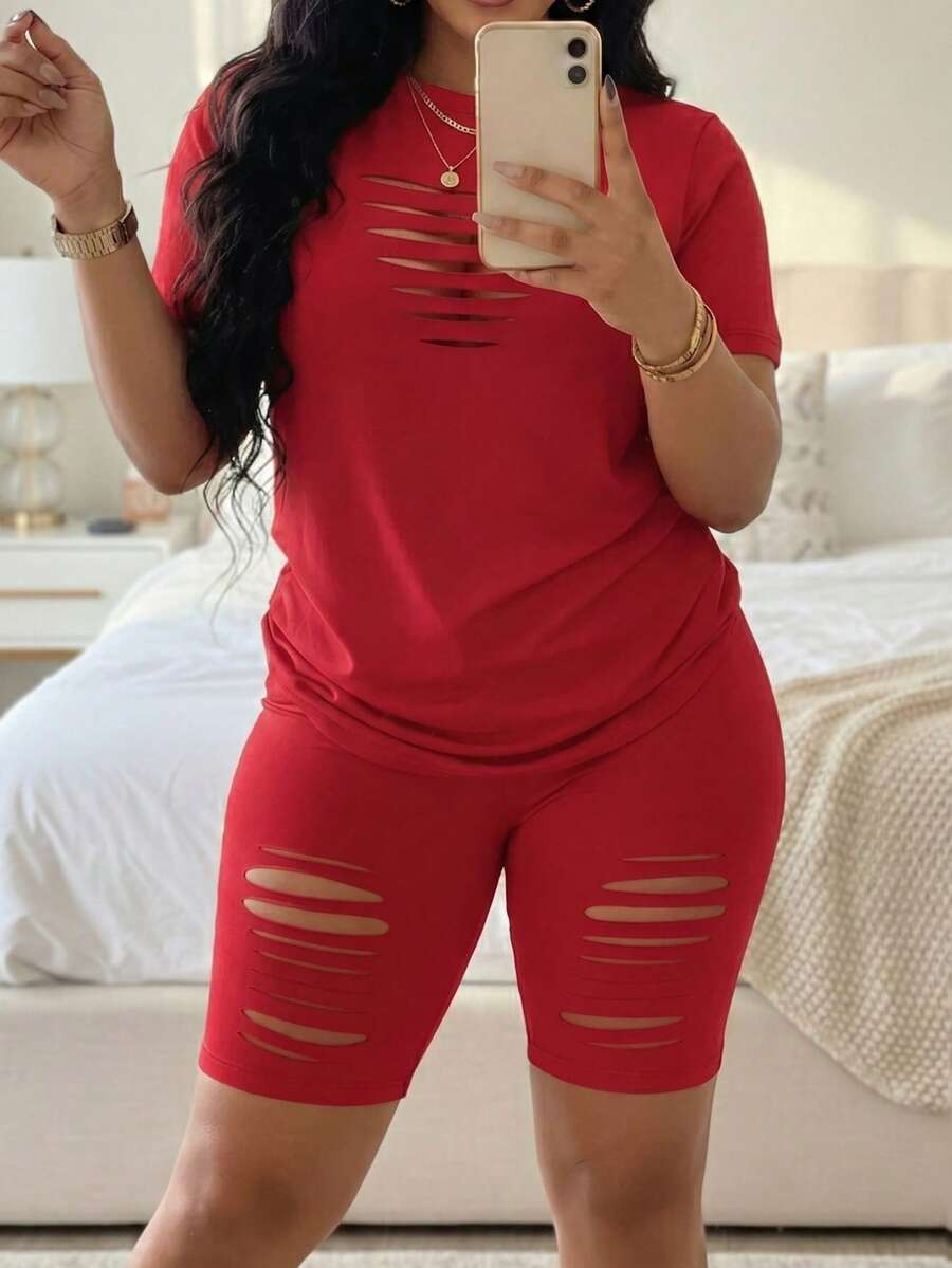 Plus Size Women's Sexy Hollow Out T-Shirt & Shorts Set, Spring Summer Autumn Red Casual - Red - View 1