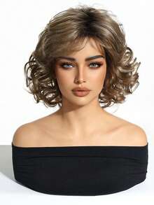 12-Inch Light Brown With Golden Glitter Short Curly Wig With Bangs, Soft & Realistic Heat-Resistant Fiber, Lightweight & Breathable, Skin-Friendly, Suitable For Daily, Office, Party, Birthday, Christmas, Halloween, Holiday, Elegant & Fashionable Women Wig - 摩卡棕 - 查看 3