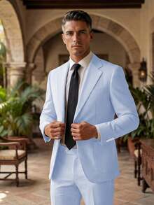Seersucker Suit Men Pinstripe 2026 Summer Spring Lightweight Breathable 2 Piece Blazer Pants Set - 淺藍色 - 查看 2