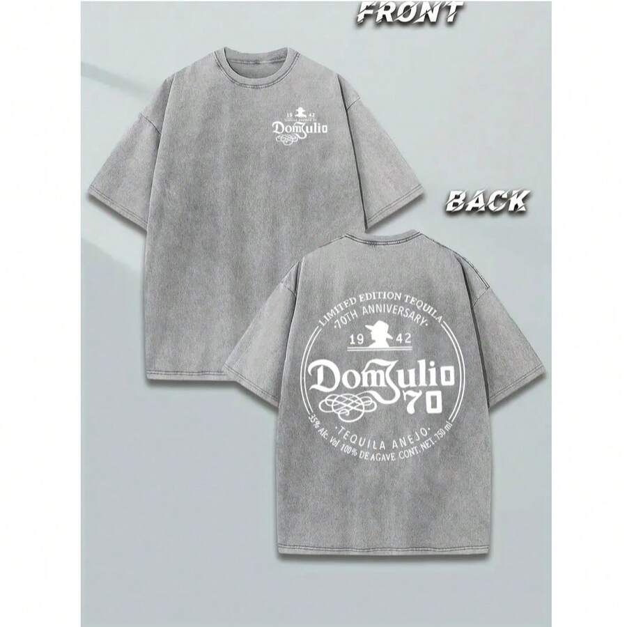 230G Washed Pure Cotton T-Shirt, Men'S Casual Fashion, With 'Dom Julio 70th Anniversary' Print, Outdoor Sports T-Shirt Loose Fit Soft Knitted T-Shirt - 灰色 - 查看 1