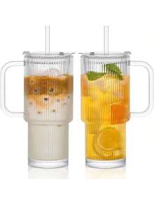 Bộ 2 cốc thủy tinh dung tích lớn 26oz, thiết kế trong suốt, thời trang với tay cầm tiện lợi, kèm nắp, cốc có ống hút, cốc đá, cốc cà phê văn phòng. Thích hợp làm quà tặng tốt nghiệp, quà tặng tiệc độc thân, quà tặng phù dâu, quà tặng Ngày của Cha, đồ trang trí Halloween, quà tặng Halloween. - trong suốt - Xem 10