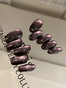 10pcs Press On Nails Fake Nails Short Purple Cat Eyes Minimalist Fall Press On Nails Office DailyWear False Nails Artificial Nails Kit Includes 1sheet Adhesive Tabs &1 Pc Mini File - Lilac Purple - View 3