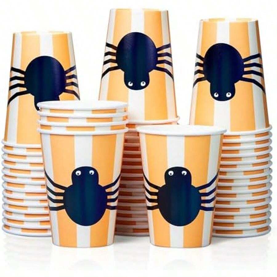 Vasos desechables para fiesta de Halloween, paquete de 50 unidades, resistentes a fugas, tazas calientes y frías de 12 onzas para restaurantes y fiestas, murciélagos, negro y plateado - Araña, rayas blancas naranjas - Ver 1