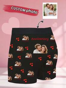 1pc Customized Couple Photo & "2nd Anniversary" Text Print Black Breathable Fabric Funny Couple Boxer Briefs, Suitable As 2nd Wedding Anniversary/Valentine's Day Gift - Multicolor - View 4