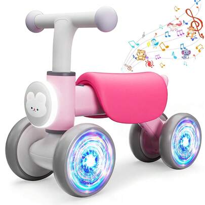 GCCSJ Bicicleta de equilibrio para bebé, coche de equilibrio para niños pequeños con ruedas iluminadas de colores, juguetes para bebés para niños y niñas de 1 año, coche de equilibrio para bebés de 12 a 24 meses con música suave y lindos sonidos de animales, asiento suave, regalo perfecto para el primer cumpleaños de niños y niñas, o regalo de Navidad, rosa/amarillo/negro