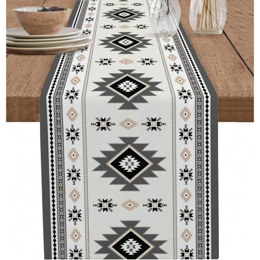 1pc Bohemian Gray Vintage Table Runner, Seasonal Spring Linen Table Runner, Dresser Scarf, Bohemian Gray Vintage Summer Table Runner, Suitable For Kitchen Dining Table Decor, Home Party Decoration - Grey - View 1