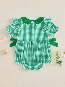 Baby Girls Romper, Short Sleeve Crew Neck Plaid Embroidery Infant Bodysuit Summer Clothes - Green - View 3