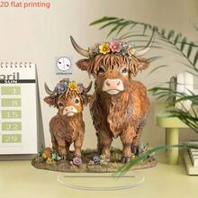 1件波西米亚风格亚克力高地牛摆件，饰以花卉图案 - 2D平面印刷桌面摆件，无需电源，适用于家居、橱窗展示和节日装饰 - 完美礼品之选，奶牛图案房间装饰，精致花卉细节，2D平面设计