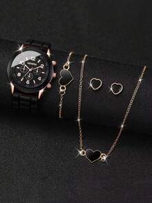 4件套时尚硅胶表带女士石英表心形饰品套装（不含表盒） - 黑色 - 查看 2